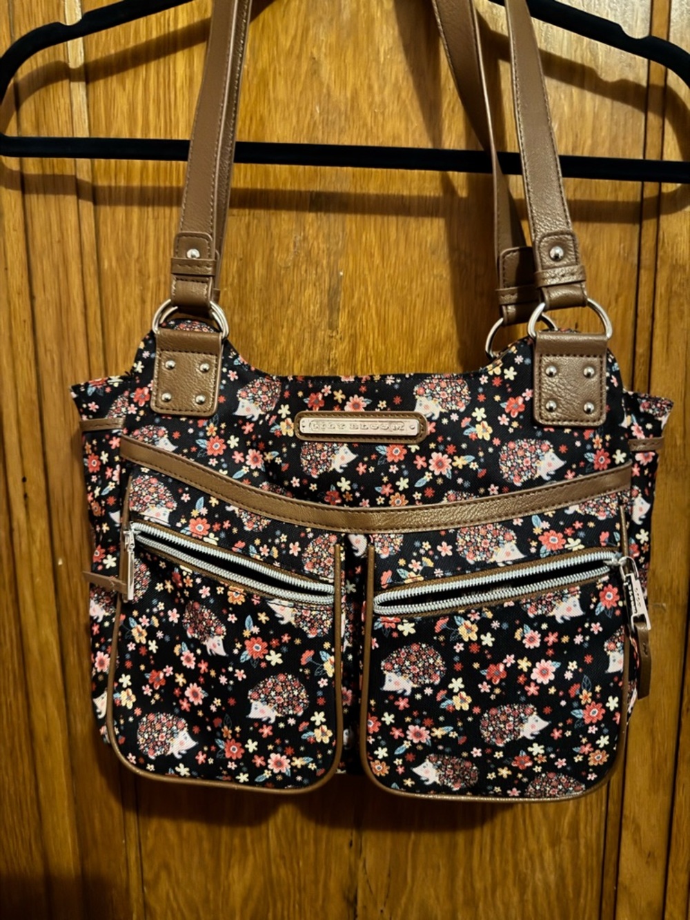 Lily Bloom Black Floral Hedgehog Shoulder Bag with Brown Trim